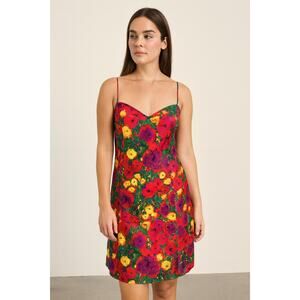 St Gillian 100% Silk Floral Slip Dress Women’s 12 Midi Bright Pink Yellow